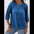 thumbnail image 4 of Camiseta de Cuello Redondo para Mujer, Blusa de Algodón de Media , Mangas 3/4, Informal, Holgada, Plisada, Básica. Azul L, 4 of 7