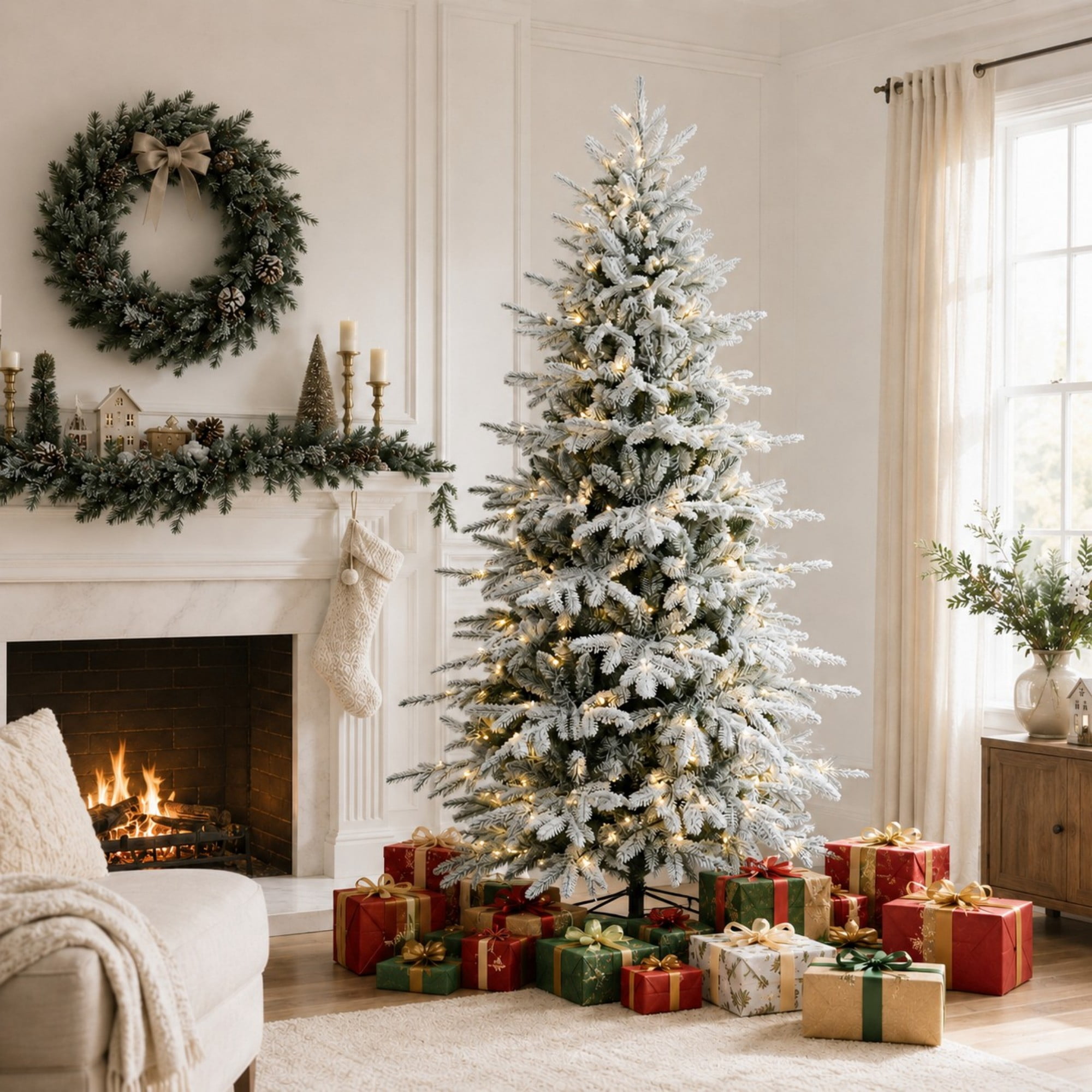 DEALTOPS 8 FT Snow-Flocked Pre-Lit Artificial Christmas Tree with 520 Color-Changing 9-Mode LEDs, 3136 Tips