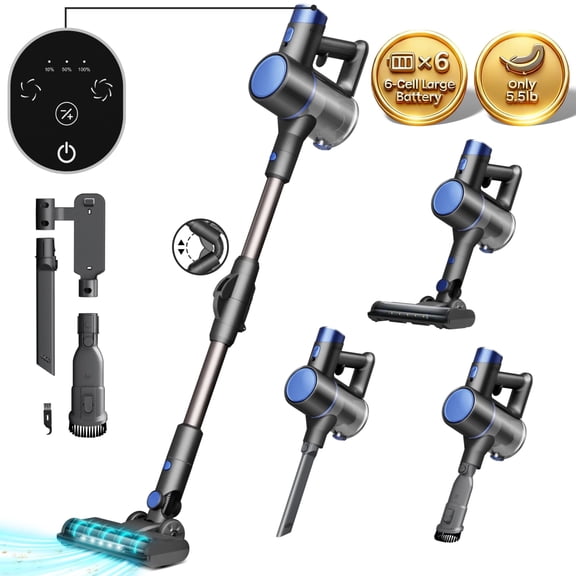 KISSAIR Cordless Vacuum Cleaners for Home 50min 2200mah Lightweight 5.5lb Led Display Screen Stick Vacuum Cleaners Hardwood Floor Carpet Pet Hair, Blue