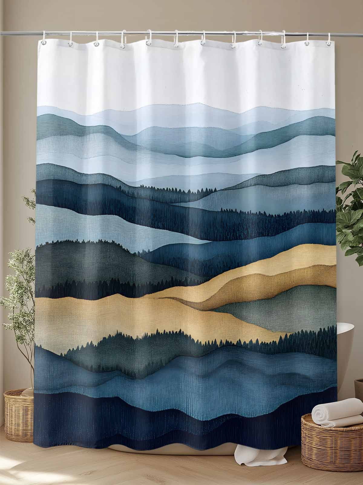 Boanket Polyester Fabric Mountains Blue Gold Shower Curtain, Modern Green Forest Trees Waterproof Bathtub Curtain Bathroom Decor Set with Hooks 72 x 72 Inches,
