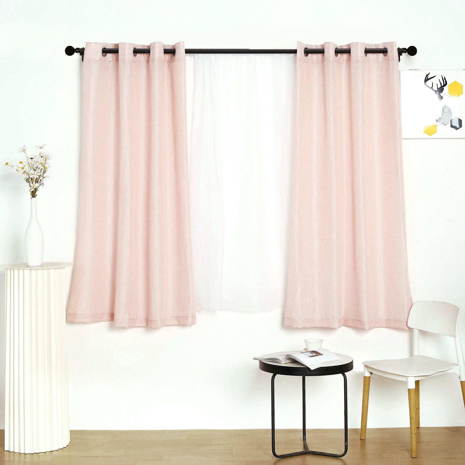 Efavormart Pack of 2 52"x64" Rose Gold Faux Linen Curtains, Semi Sheer Curtain Panels with Chrome Grommet for Living Room Home Decor Window Privacy Linen Textured Drapes