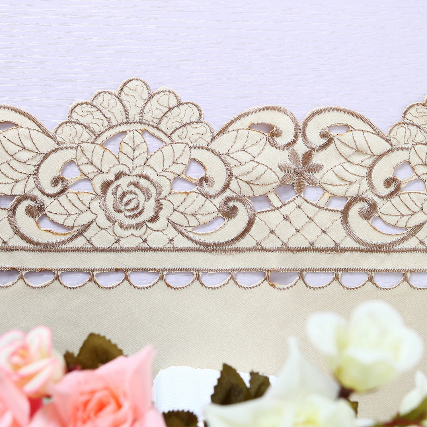 Unique Bargains Vintage Flower Embroidery Tassel Table Runner Light Beige 16"x59"