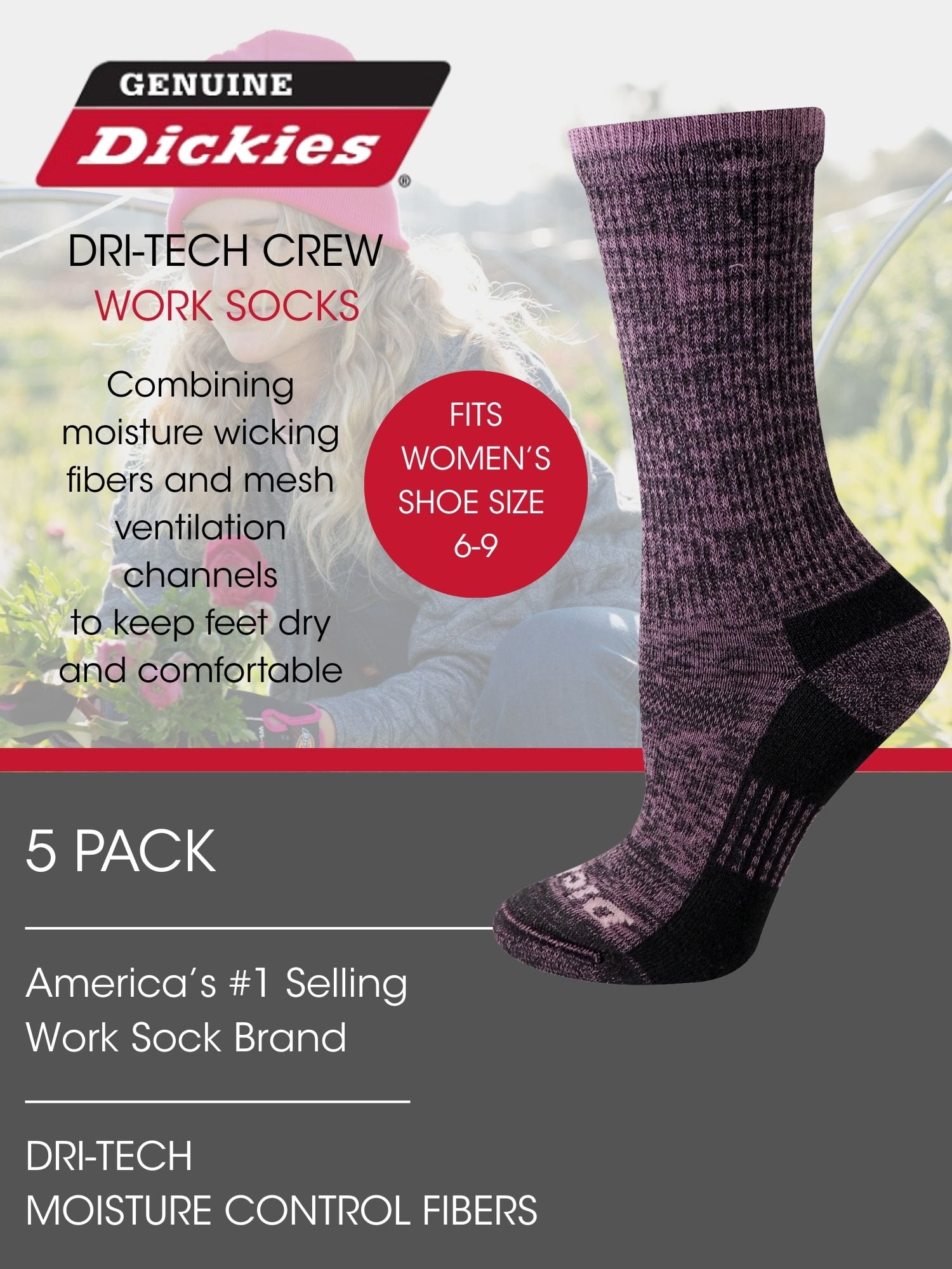 Genuine Dickies Women's Dri-Tech Free Run Crew Socks, 5-Pack