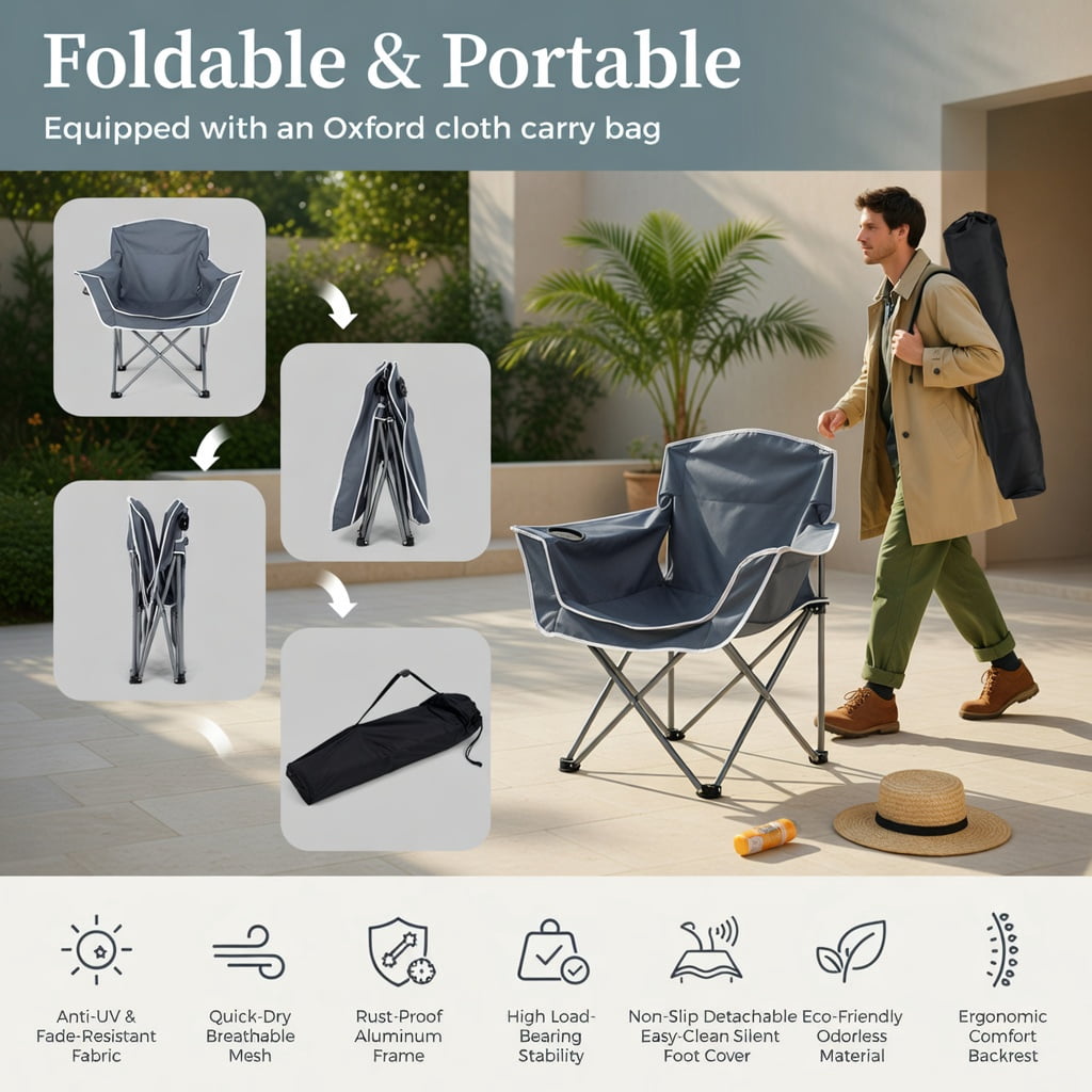 Hommoo Duo Portable Oversized Camping Loveseat Chair with Armrests, Dual Mesh Cup Holders & Heavy-Duty Steel Frame, Gray