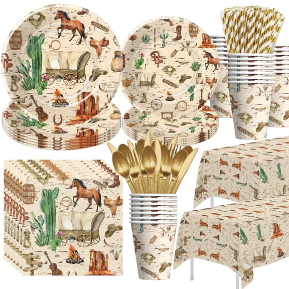 HIPVVILD Western Cowboy Party Decorations Tableware For Birthday & Wild West Party Supplies, Plate, Cup, Napkin, Tablecloth, Cutlery, Straw, Rodeo Party Decorations Dinnerware | Serve 24 C113