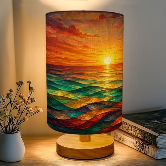 16-Color Dimmable Table Lamp for Bedroom, Illuminated Stained Glass Imagine mosaic inspired stained glass Nightstand Lamp with Wood Base Fabric Shade, Gifts for Nursery Living Room Reading Room