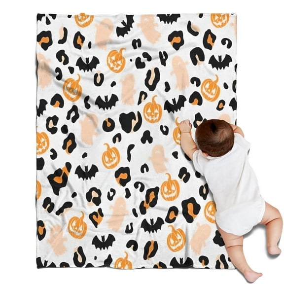 Halloween Leopard Print Ghosts Bats and Pumpkins Blanket,Comfortable Soft Flannel Throw Blanket,All Season,Warm Lightweight Blankets for Sofa Bed Couch Living Room Chair,30"x40"