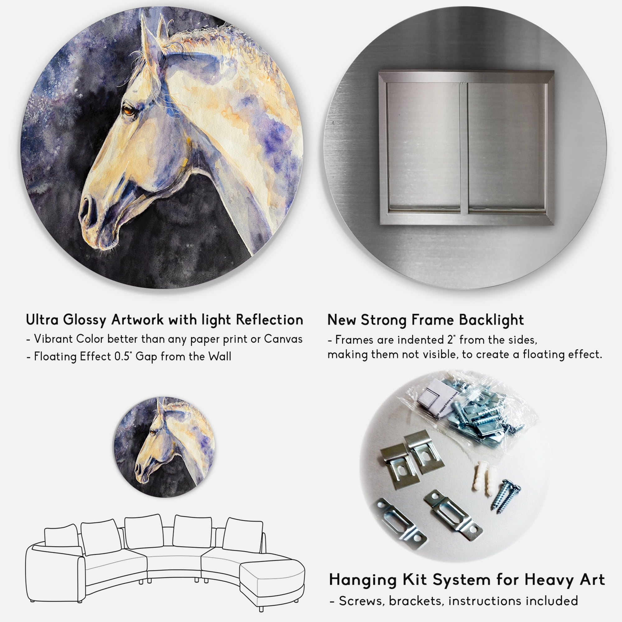 Designart 'Close Up Of The Head of A Lipizzan Horse' Farmhouse Circle Metal Wall Art 29x29 - Disc of 29
