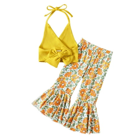 

1-5T Baby Halter Crop Tops+Flared Pants Leggings 2PCS Toddler Girls Floral Summer Outfits
