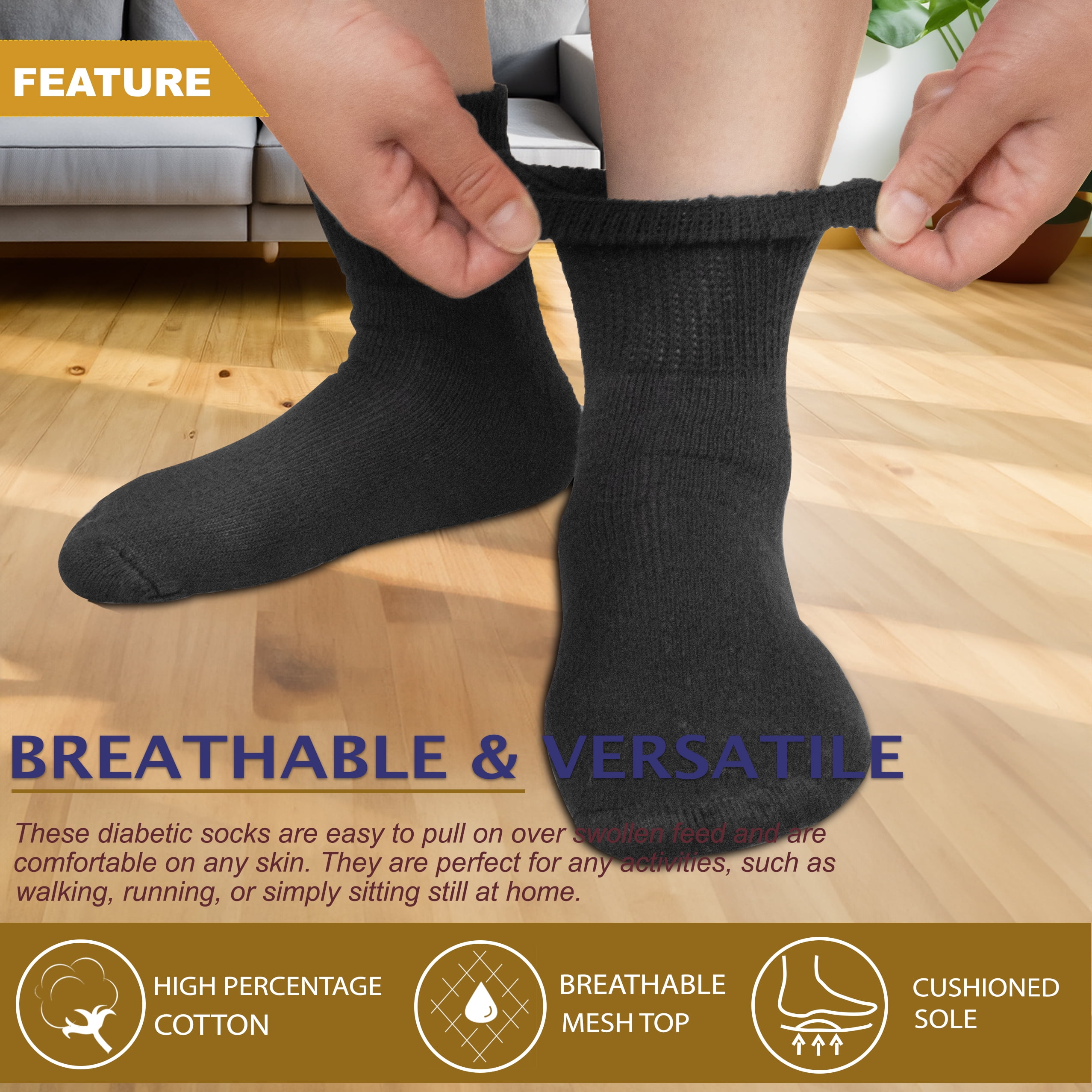 NevEND 12 Pairs Cotton Diabetic Socks Ankle for Men and Women - Non-Binding Extra Wide Neuropathy Socks Black X-Large