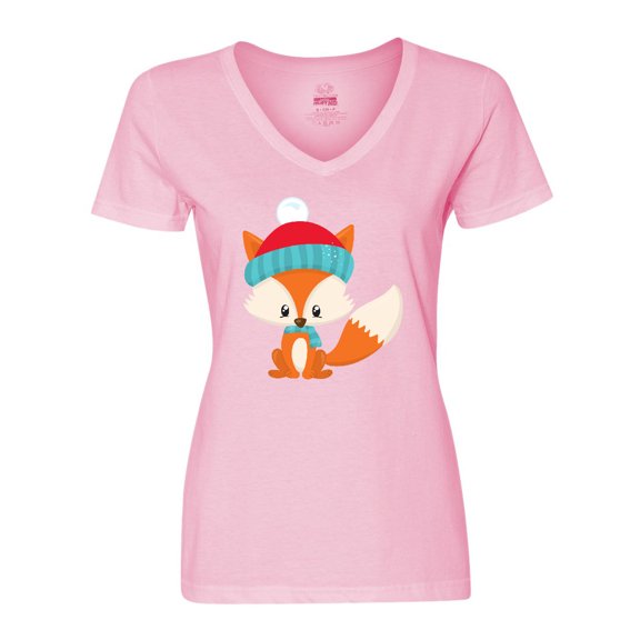 Inktastic Cute Fox, Fox With Hat And Scarf, Orange Fox Women's V-Neck T-Shirt
