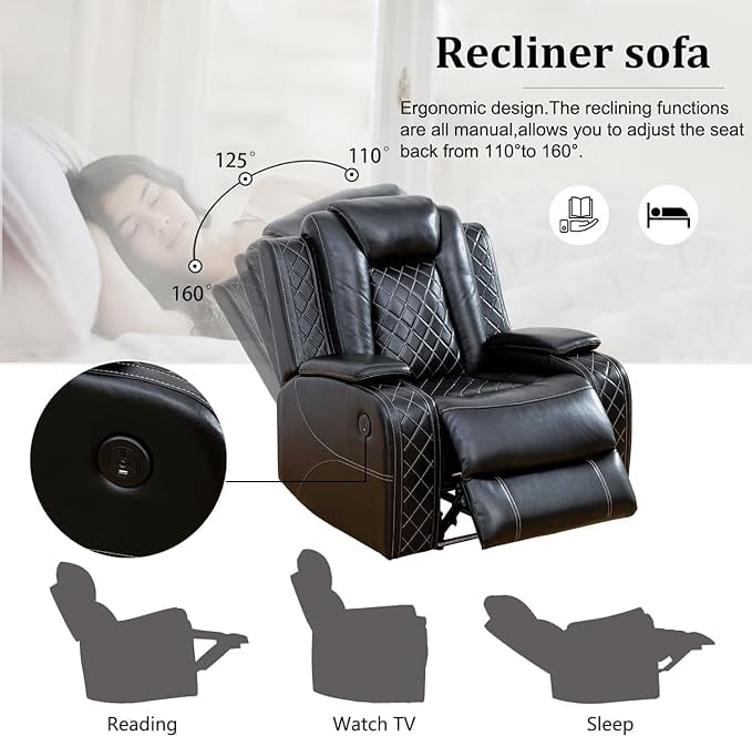 Power Recliner Sofa Set with LED Lights, Air Leather Home Theater Seating with USB Ports, Cup Holders, Hidden Storage, Black