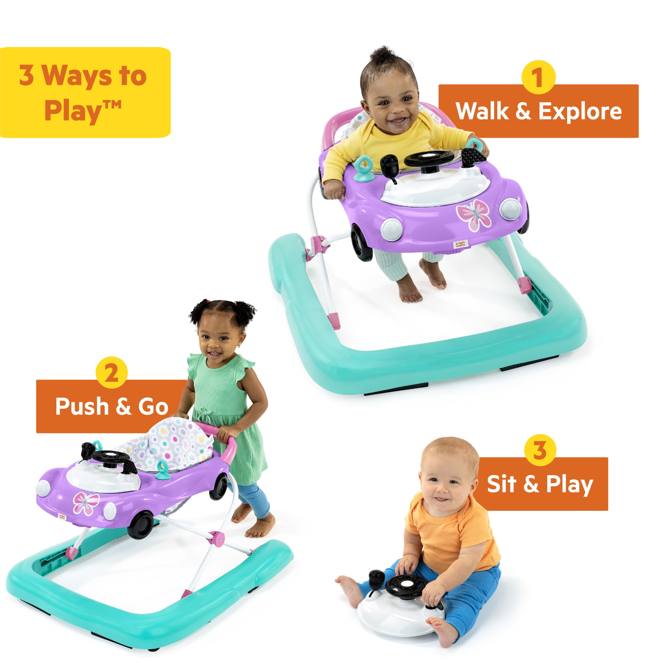 Bright Starts Little Speedster 3-in-1 Car Walker, Purple, Infant to Toddler