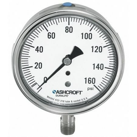 ASHCROFT 351009SWL02L30# Pressure Gauge, 0 to 30 psi, 1/4 in MNPT, Stainless Steel, Silver
