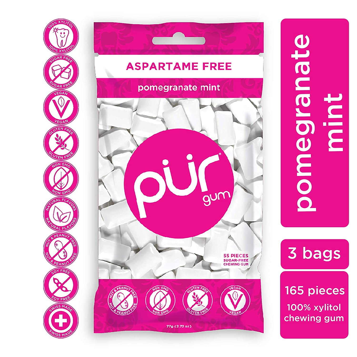 PUR 100 Xylitol Chewing Gum, Pomegranate Mint, SugarFree + Aspartame