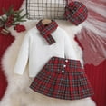 thumbnail image 2 of Atogsazn Kids Girls Cotton Set Children Knitted Long Sleeve Tops and Plaid Skirt Scarf Hat Outfit Red 6-7 Years, 2 of 9