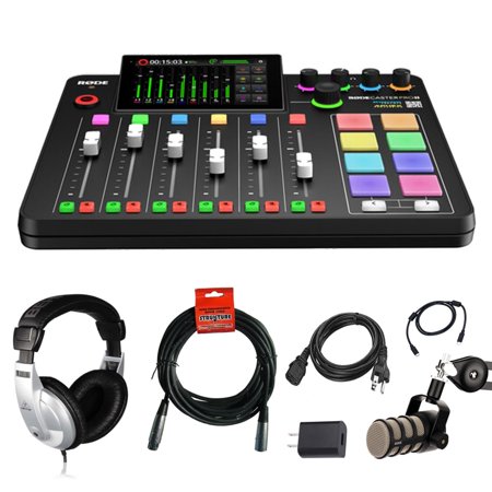 Rode RODECaster Pro II Integrated Audio Production Studio Bundle With All-Purpose Headphones + 20-Feet XLR Microphone Cable + Dynamic Podcasting Microphone (4 Items)