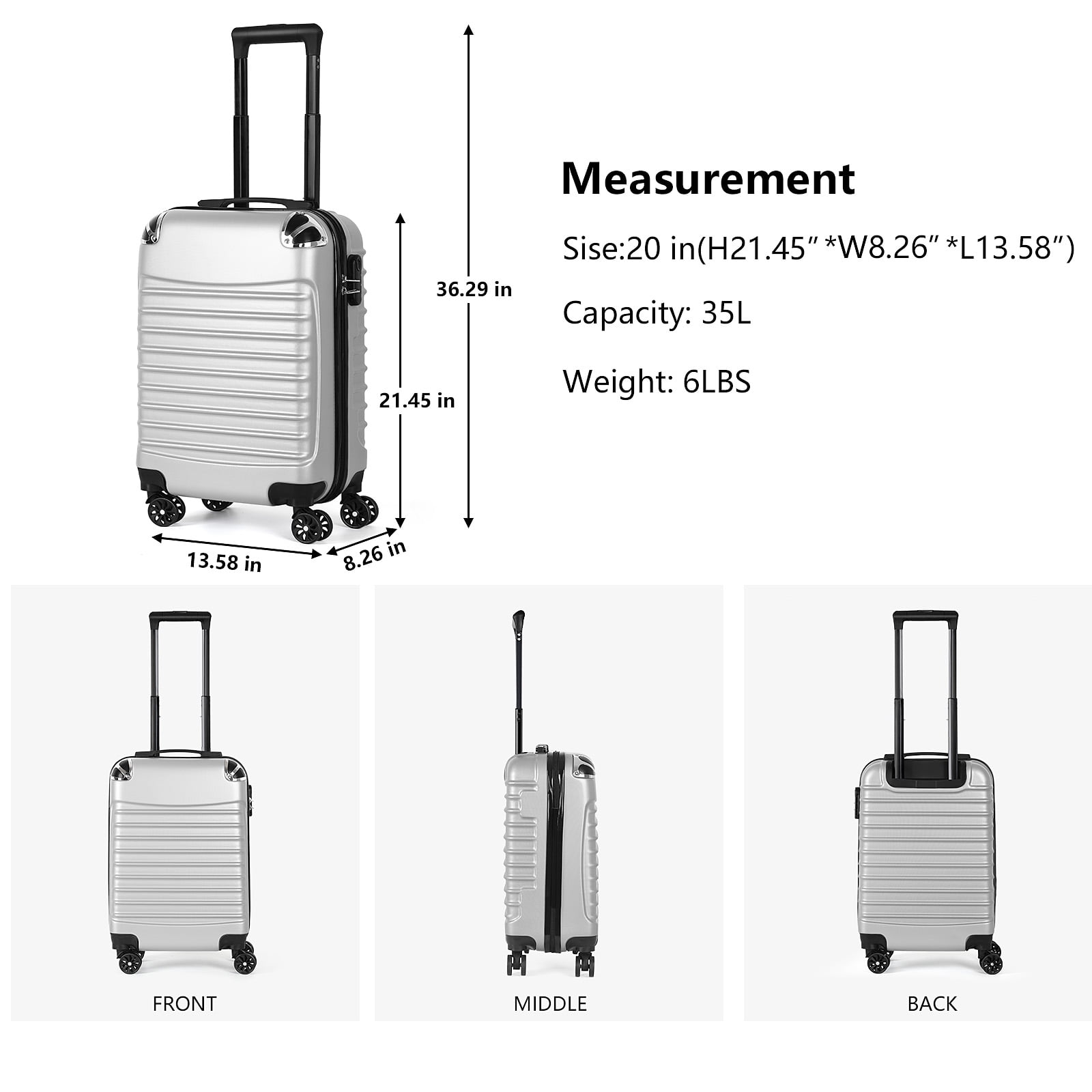 Terby 20” Unisex Hardside Spinner Luggage, Silver