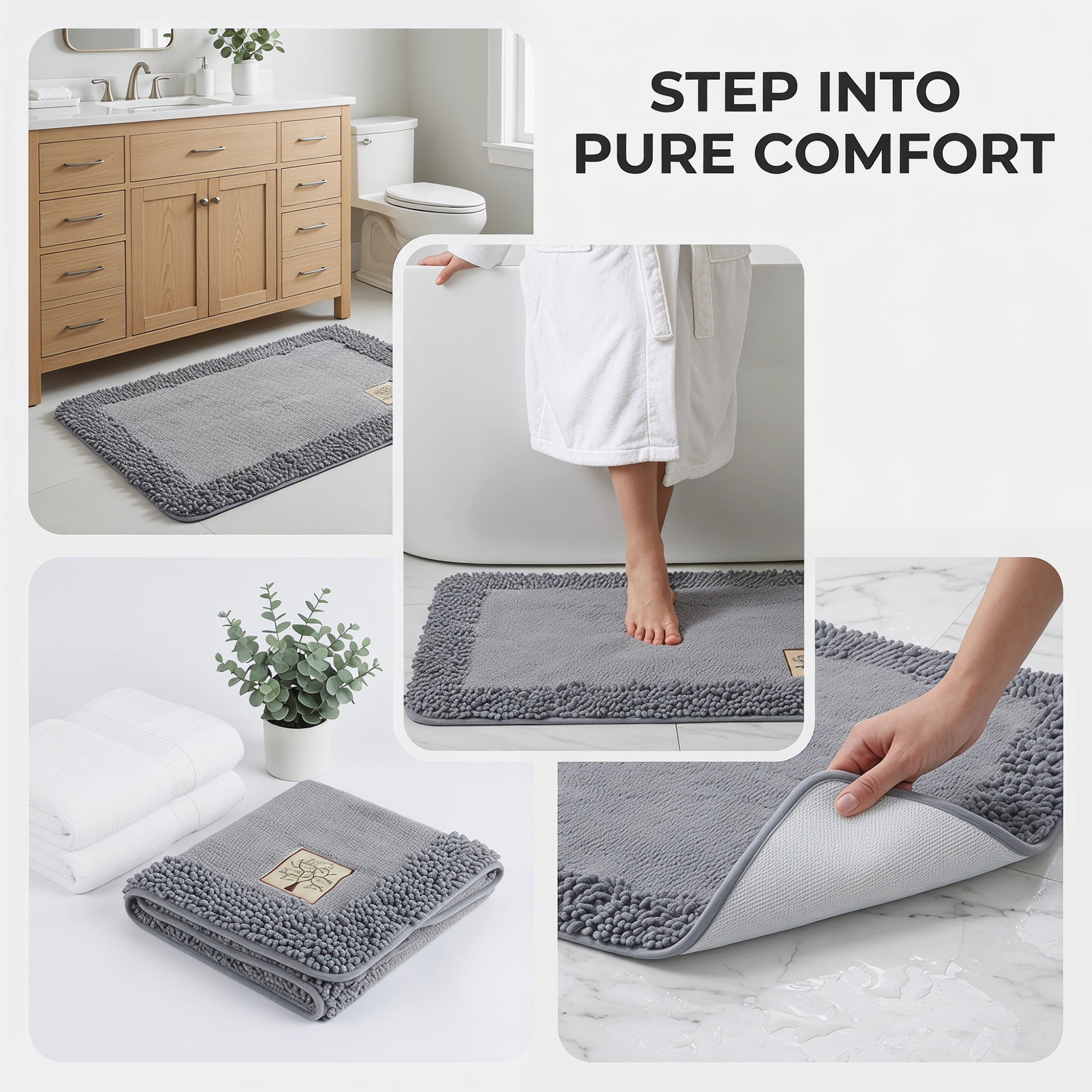 Unique Bargains Chenille Non Slip Bath Mat Ultra Soft Absorbent Shower Rug Grey 32" x 20"