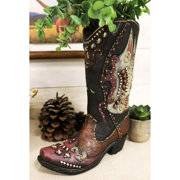 Rustic Western Faux Leather Patriotic Tribal Eagle Cowboy Boot Vase Figurine
