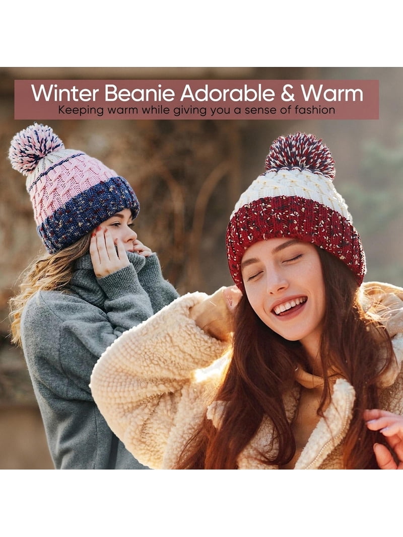 Women\'s Fleece Wool Lined Gray Beanie Winter Warm Snow Knit Cross Pom Hat Cap Womens Beanie Hat Scarf Gloves Set,Fleece Lined Winter Hat  main image 3