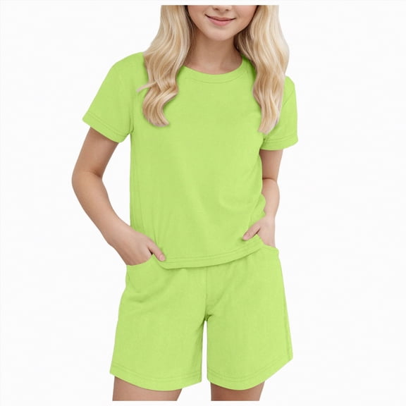 TOWED22 Girls Summer Outfits Casual Lounge Set Cap Sleeve T Shirt and Elastic Waist Shorts 2 Piece Clothing Sets(Mint Green,10-11 Y)