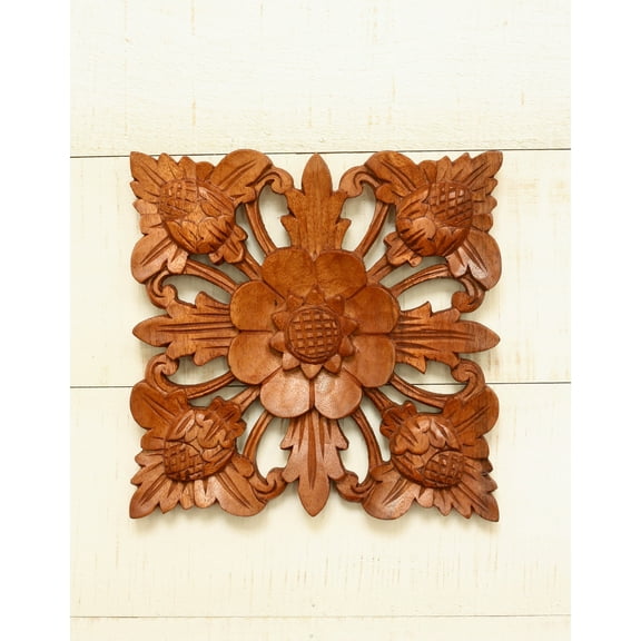 G6 Collection 8" Wooden Hand Carved Wall Art Lotus Blossom Relief Panel Handcrafted Wall Plaque Gift Decorative Home Decor Accent Handmade Wood Decoration Florall