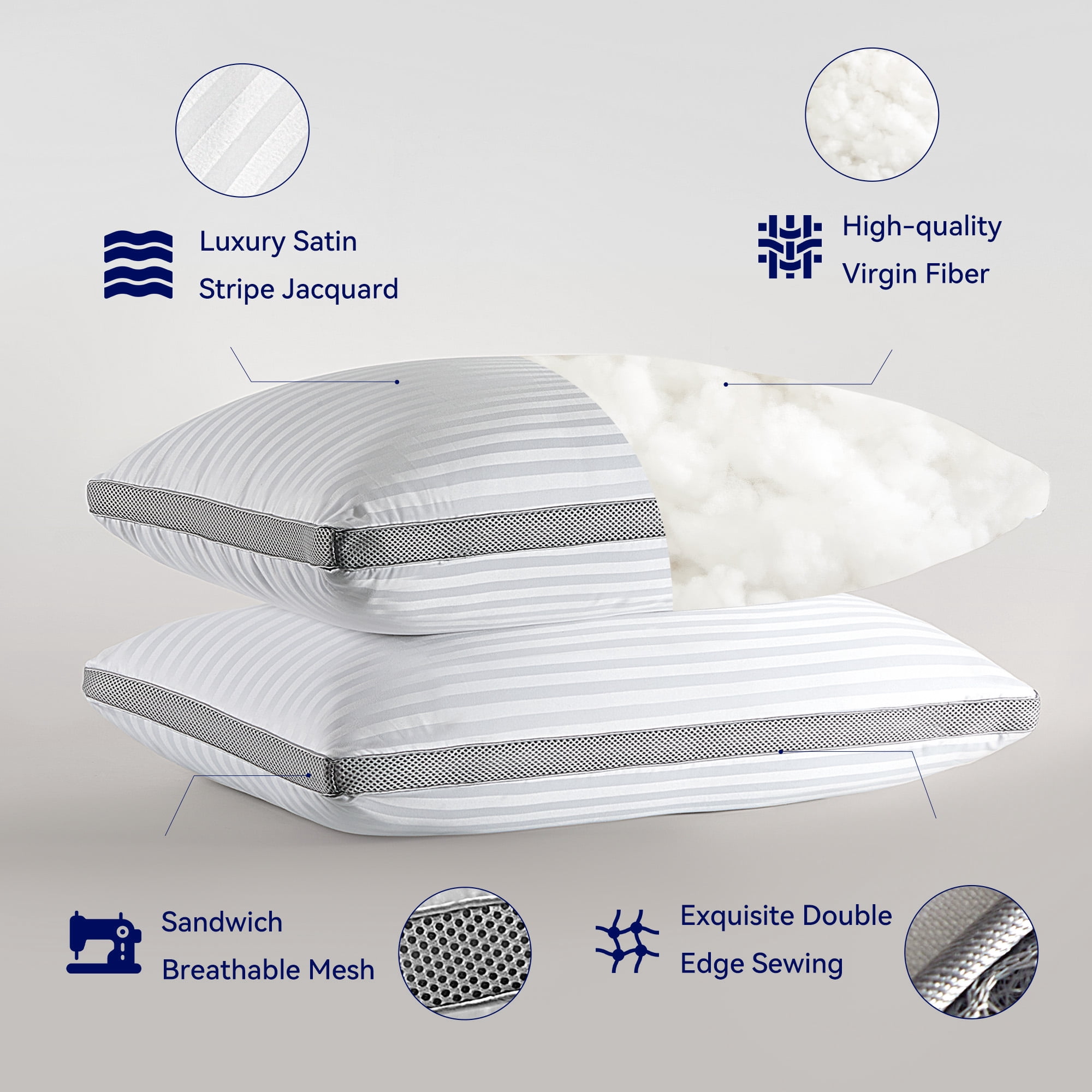 SLEEP ZONE Bed Pillows for Sleeping, Queen Size Set of 2, Sandwich Mesh with Breathable Sides, Premium Medium pillows for Back, Stomach or Side Sleepers