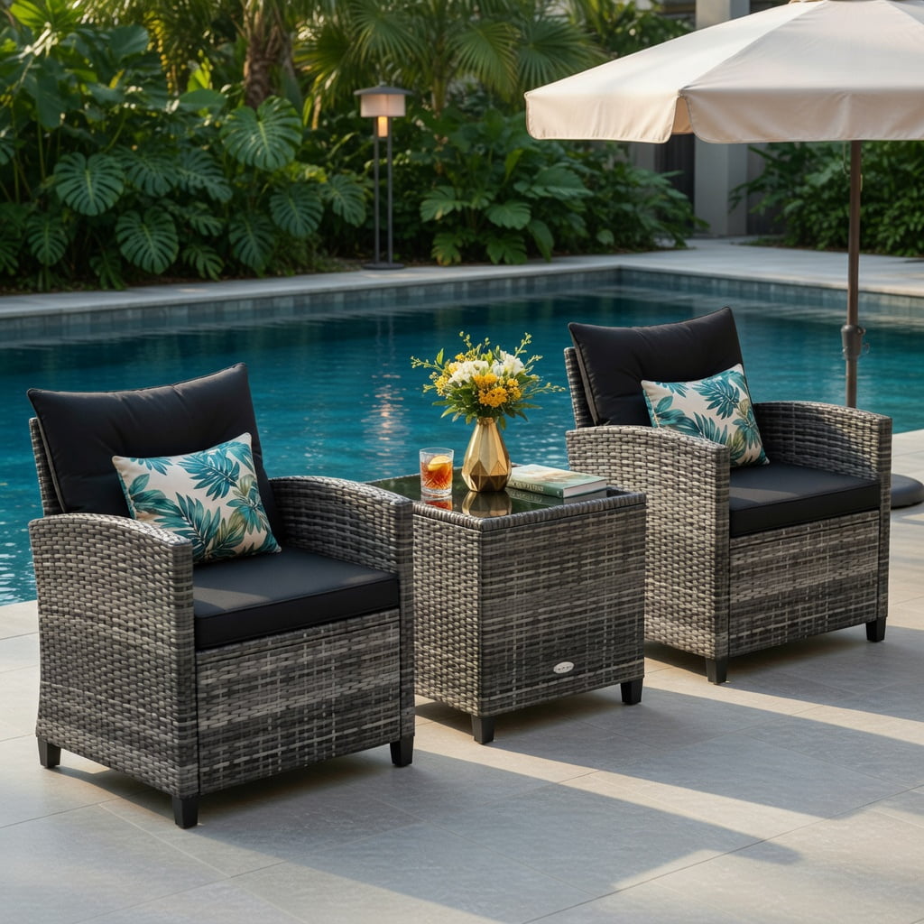 Hommoo 3-Piece Modern Outdoor Wicker Conversation Set, Steel Frame, Tempered Glass Table & Weather-Resistant Cushions, Black