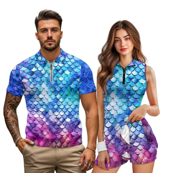 Jeiento His and Hers Matching Golf Outfits Quick Dry Moisture Wicking Men's Short Sleeve Shirt Fish Scale Women's Sleeveless Dress with Built-In Shorts Pockets for Tennis Summer Sports