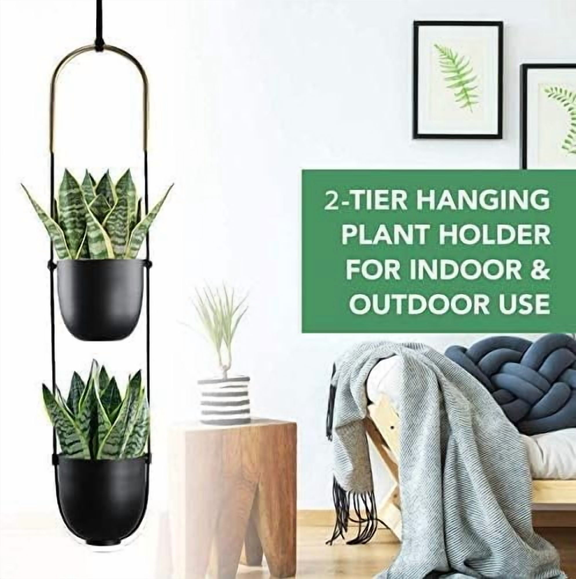 Hanging Planters 2 Tiers Metal Plant Hangers for Indoor Outdoor Plants Wall Ceiling Hanging Flower Pot Basket Holders Kitchen Room Decor(White)