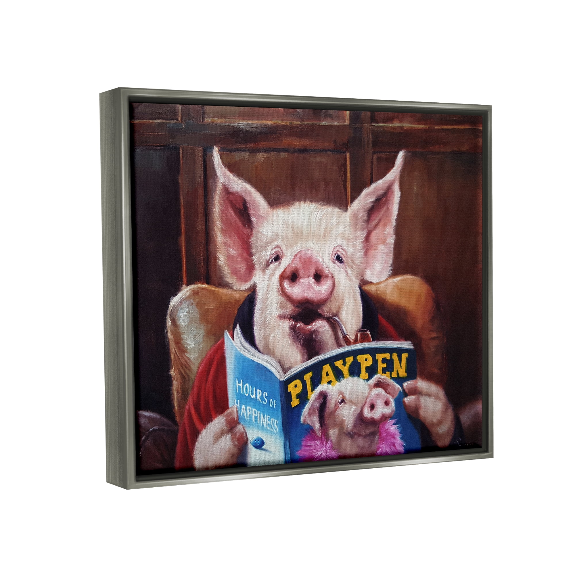 Stupell Funny Pig Magazine Man Cave Animals & Insects Painting Gray Floater Framed Art Print Wall Art