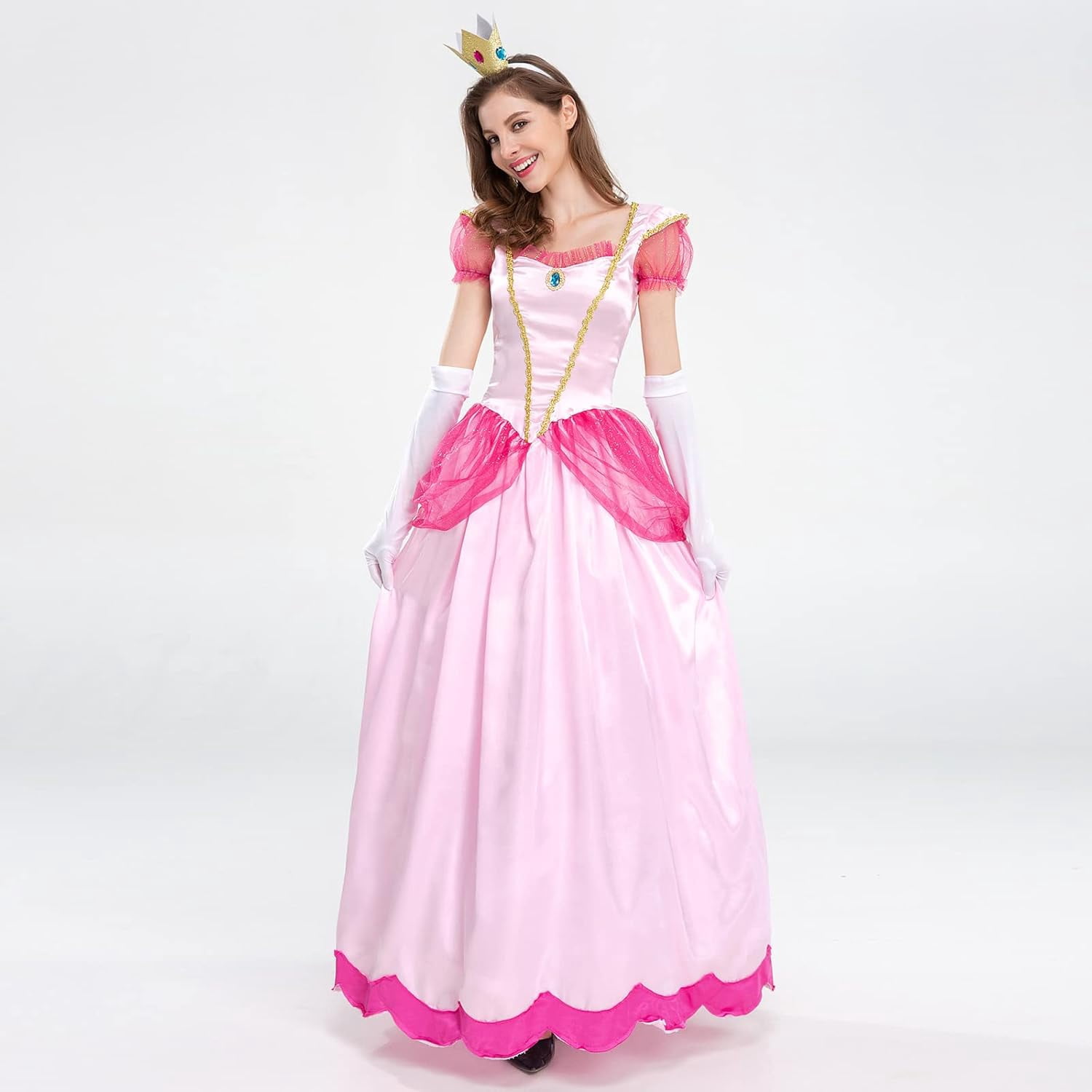 Guvpev Women's Princess Dress - Puff Sleeve Long Dress, Glove, Crown, 3Pcs Princess Costume, Halloween Cosplay Costume with Dress Up Accessories, Birthday Party Fancy Dress up Outfits