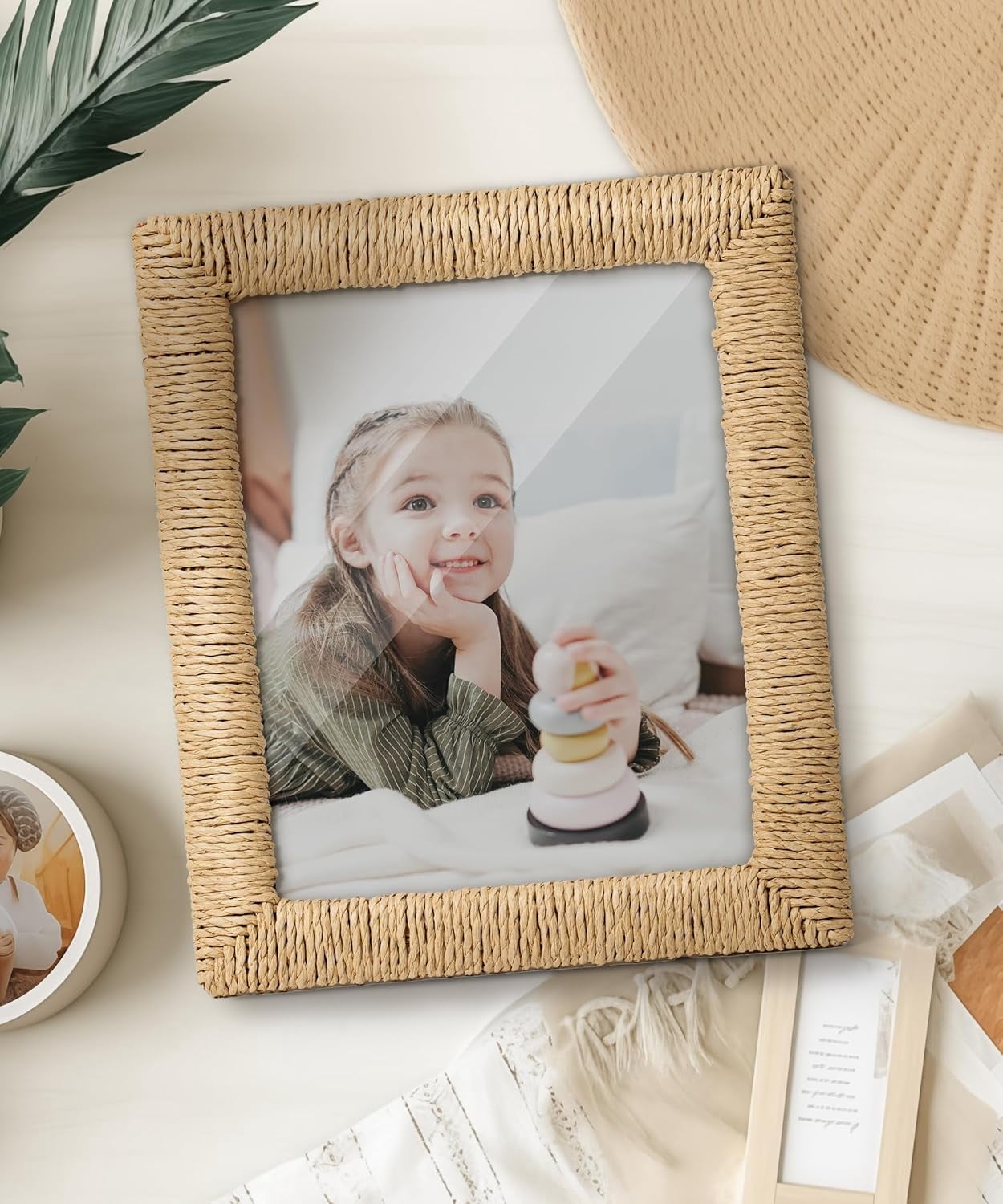 Afuly 8x10 Picture Frame, Boho Picture Frame with Glass and Paper Rope for Wall Hanging or Tabletop Display, Unique Gift for Mom, Grandma, Friends