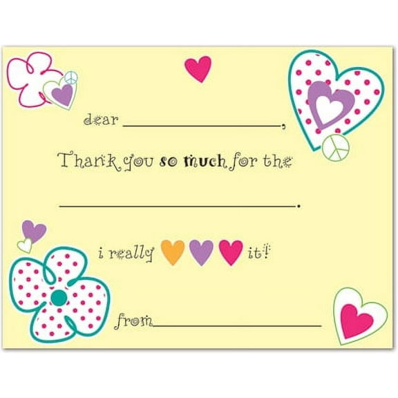 Hearts and Peace Girl Fill-In Birthday Thank You Cards and Envelopes - 20 count
