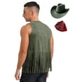 thumbnail image 2 of TiaoBug Men's 3Pcs Faux Suede Western Cowboy Vest Fringe Hippie Costume Waistcoat with Bandanna And Hat Army Green M, 2 of 5