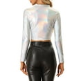 thumbnail image 3 of MODA NOVA Juniors Party Long Sleeve Zip Up Metallic Crop Tops Silver XS, 3 of 5