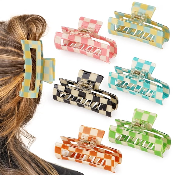 6pcs Checkered Hair Claw Clips, Multicolored Square Medium Non-Slip Claw Clips, Strong Hold for Women Long Short Thin Hair