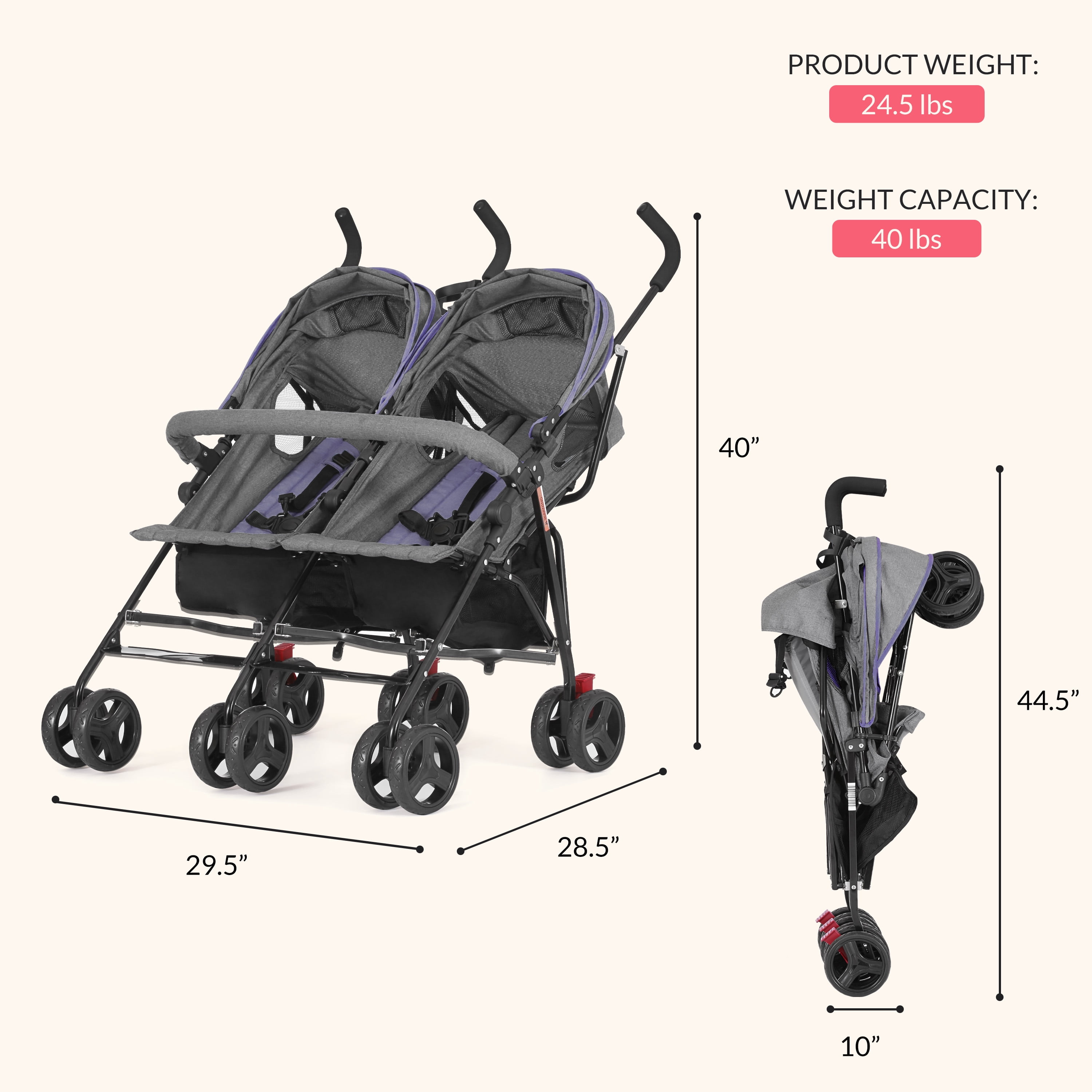 Dream On Me Volgo Twin Umbrella Stroller, Purple and Dark Grey