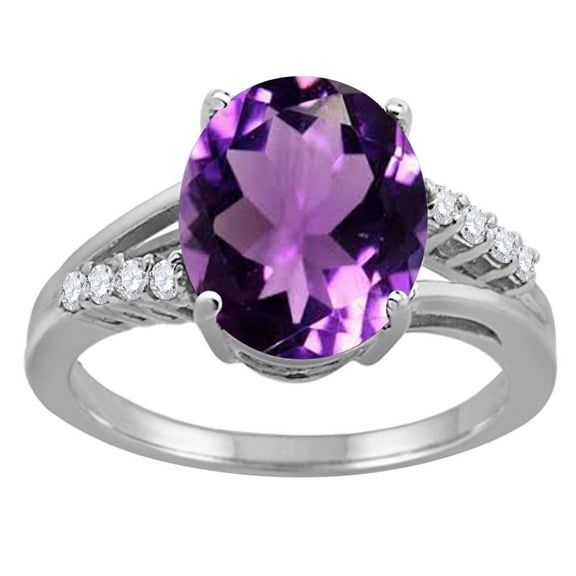 Mauli Jewels Rings for Women 3.3 Carat Oval Shaped Amethyst and Diamond Ring 4-Prong 10K White Gold