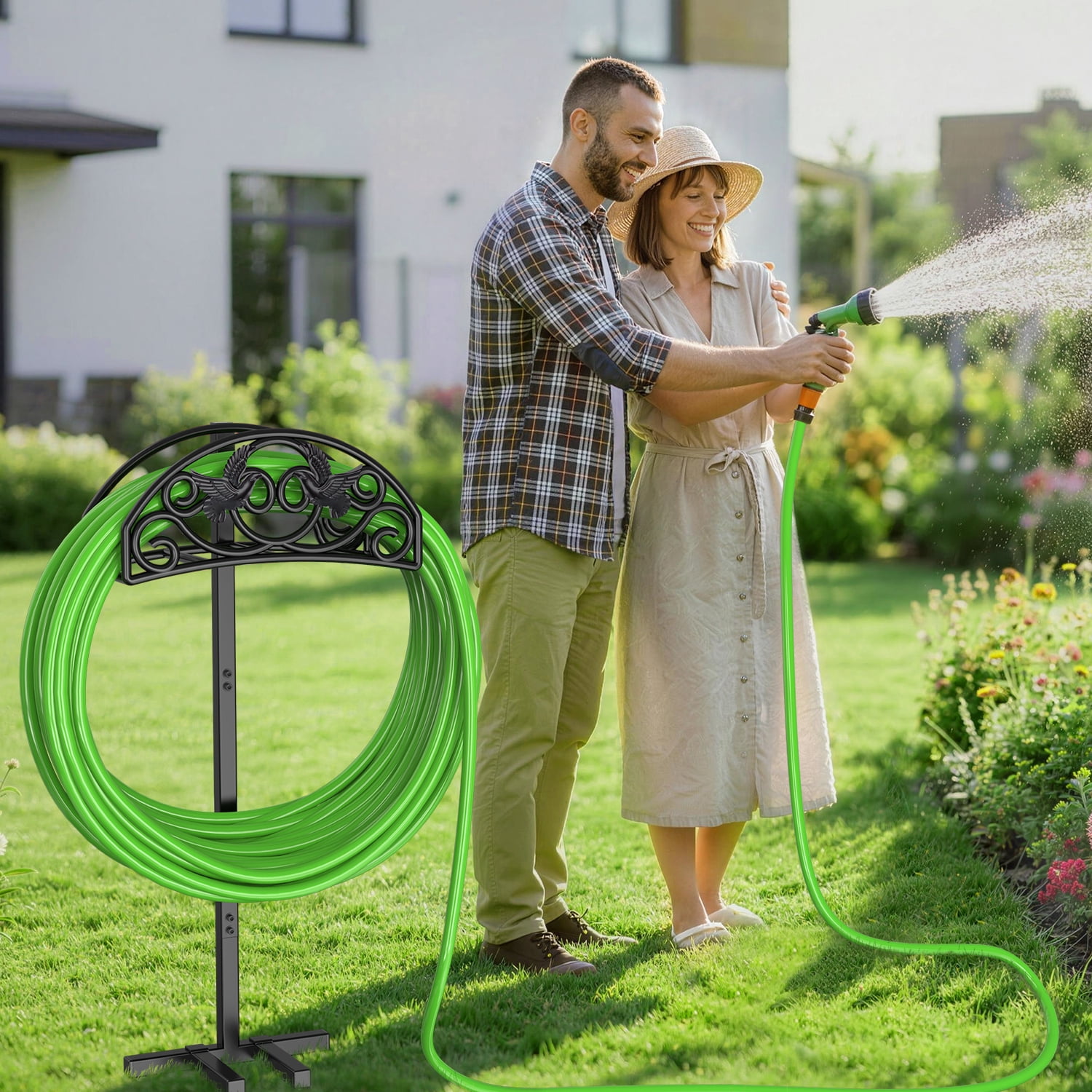 Garden Hose Holder, Freestanding Water Hose Holder, Detachable Heavy Duty Metal Garden Organized Hanger for Outdoor Yard Lawn (Lovebirds)