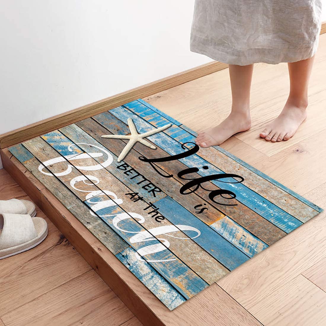 Door Mat 16x24 inch Welcome Mat Front Floor Mats, Non Slip Indoor Carpet/Absorbent Outdoor Shoes Scraper, Life is Better at The Beach Starfish Retro Wood Board Low-Profile Rugs Doormats for Entryway