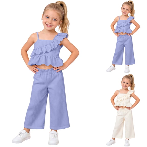 Pandaie Toddler Girls Clothes Outfits Ruffle Trims Sleeveless Tops Camisole Wide Leg Linen Pants Cute Summer Clothing Set 2-7 Years Purple