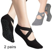 BUZIFU 2 Pairs Yoga Socks for Women Non-Slip Grips & Straps,Anti-skid for Pilates, Yoga, Barre, Dance, Martial Arts, Trampoline, Fitness, Hospital, Rehab, Home & Body Balance Cotton (Black , Grey)