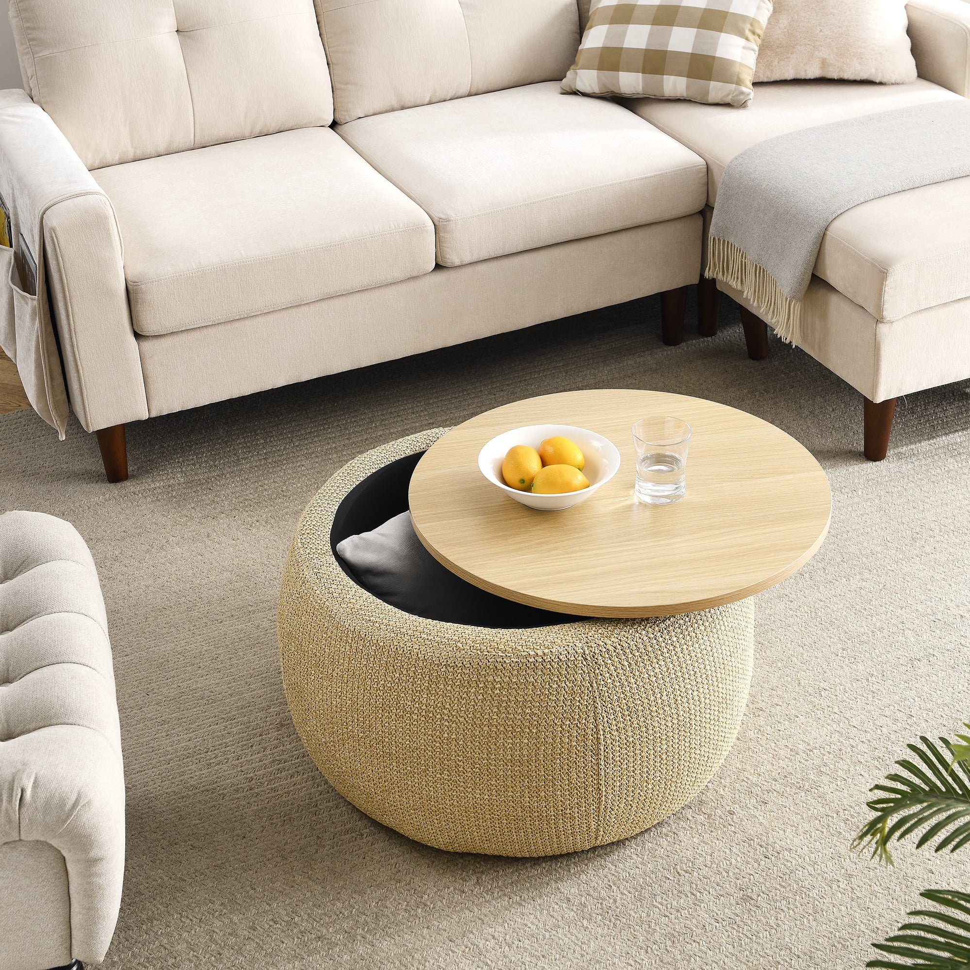 MOONMISS Round Storage Ottoman,25.5'' Foot Rest with Storage,Work as Side Table & Ottoman & Seat,Natural