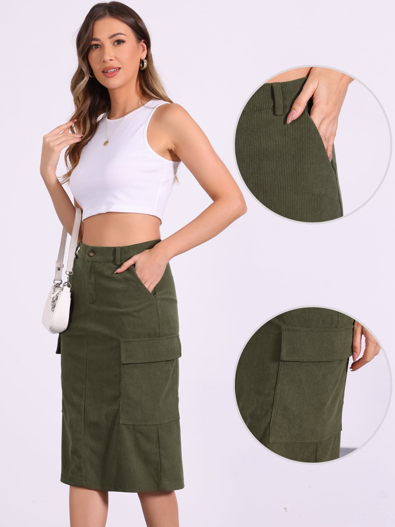 DARING DIVA Corduroy Cargo Skirts for Women's Elastic Back Midi Skirt S Army Green