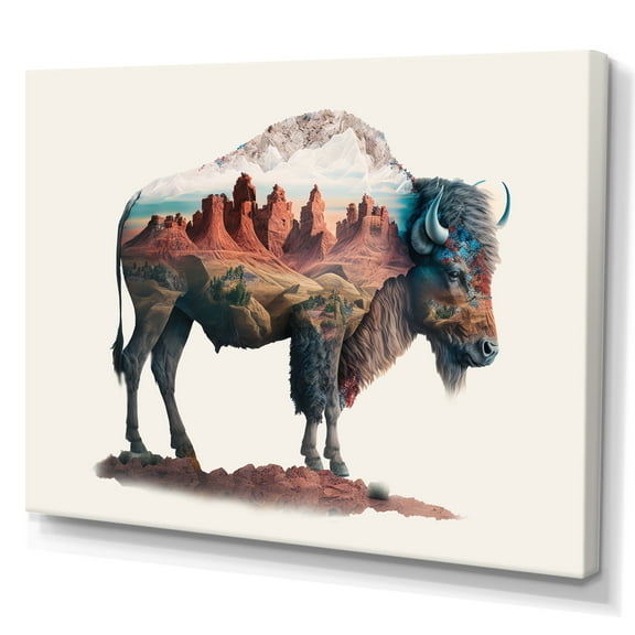 Designart Double Exposure Of A Buffalo With Nevada Landscape I Canvas Wall Art