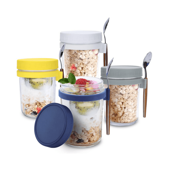 4Pack Overnight Oats Jars with Lids and Spoons, Reusable Glass Overnight Oats Container with Measurement Marks