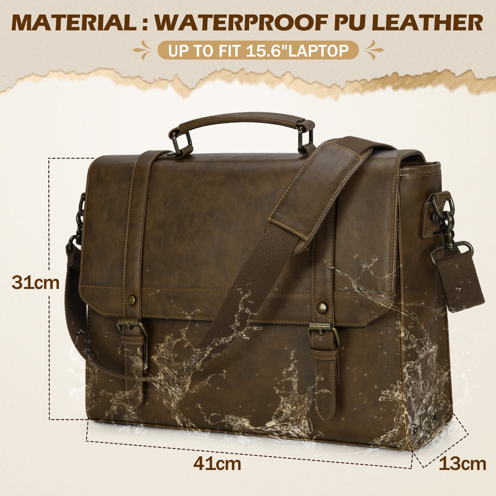 RAINSMORE Messenger Bag for Men 15.6 inch Vintage Leather Waterproof Laptop Briefcase Computer Laptop Bag Large Satchel Bag Retro Shoulder Bag for Office Business College,Khaki