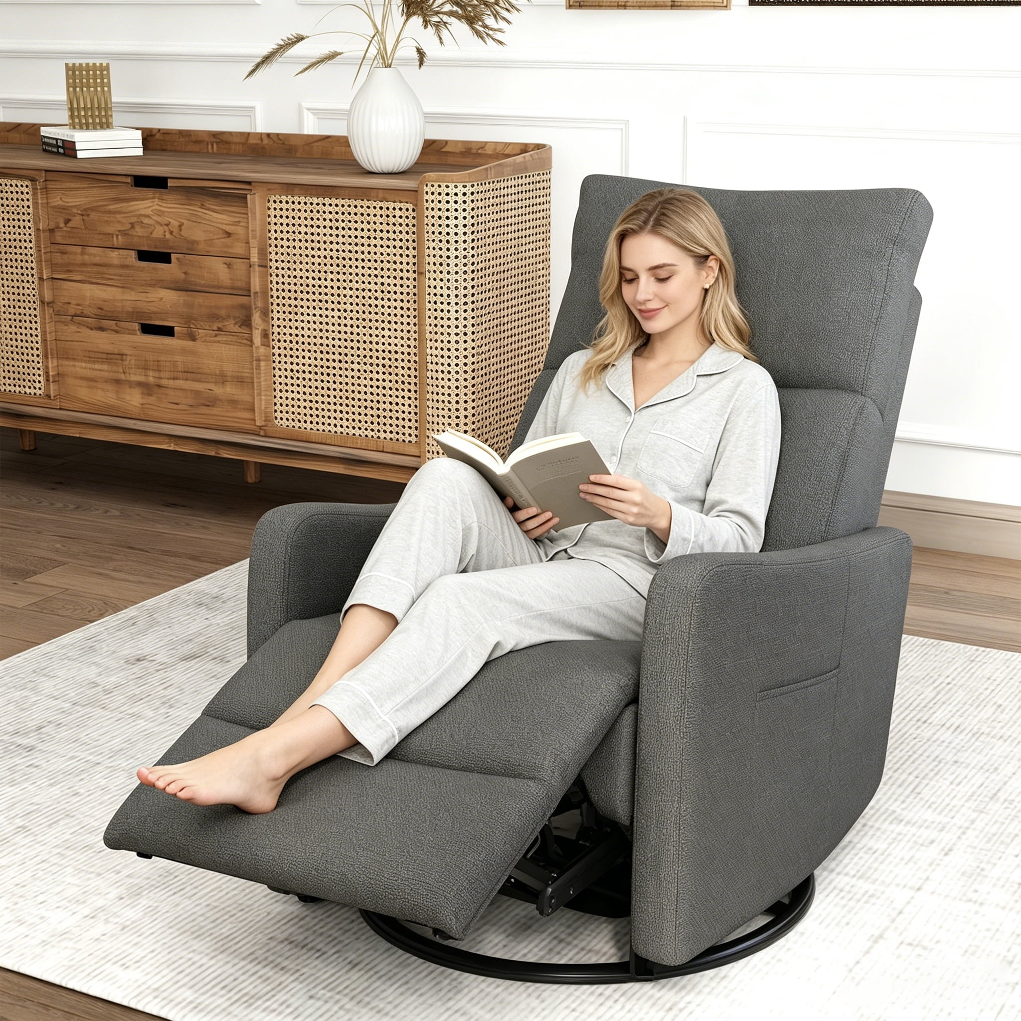 Leumius Swivel Recliner Chair,270° Swivel Rocker Chair for Adults,Small Rocking Recliner for Small Spaces, Upholstered Fabric Glider Recliner Nursery,Living Room Chair,Theater SeatingDark Gray